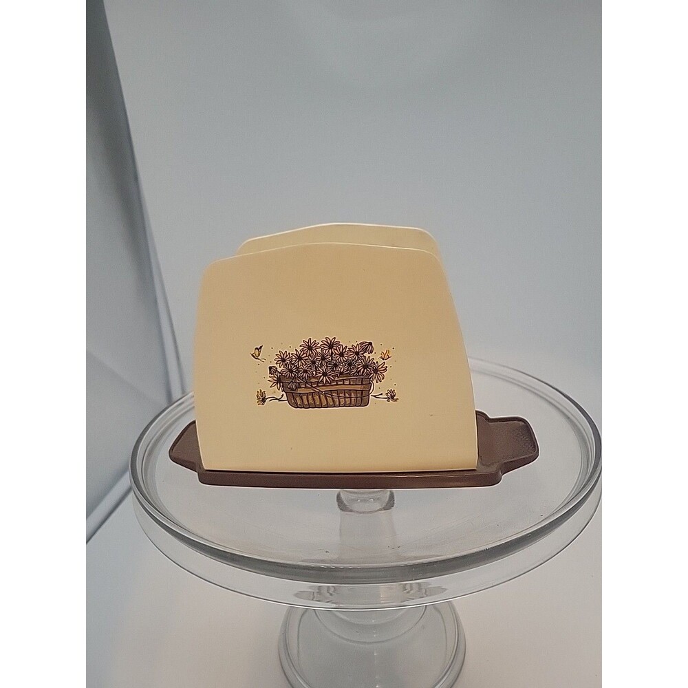 Vintage Yellow Daisy Napkin Holder Sunflower Basket Brown Cream 1970s Kitchen